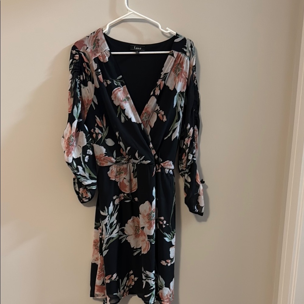 Pink and Tan Wrap Sundress with Tie Front and Bishop Sleeves